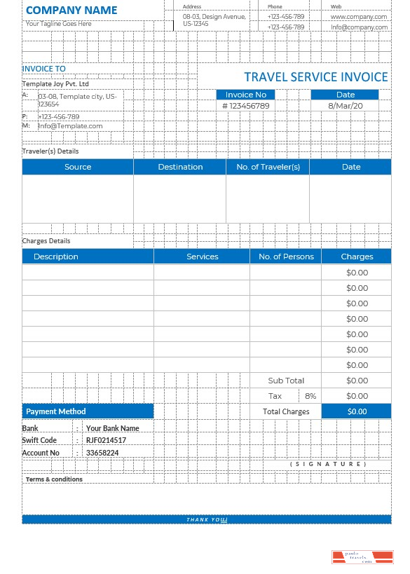 Editable Travel Service Invoice Template PSD template